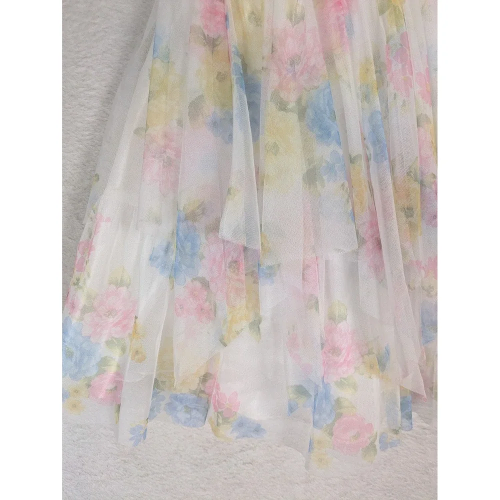 Jona Michelle Party Dress Girl's Size 7 White Floral Sequin Tiered Tulle Bow